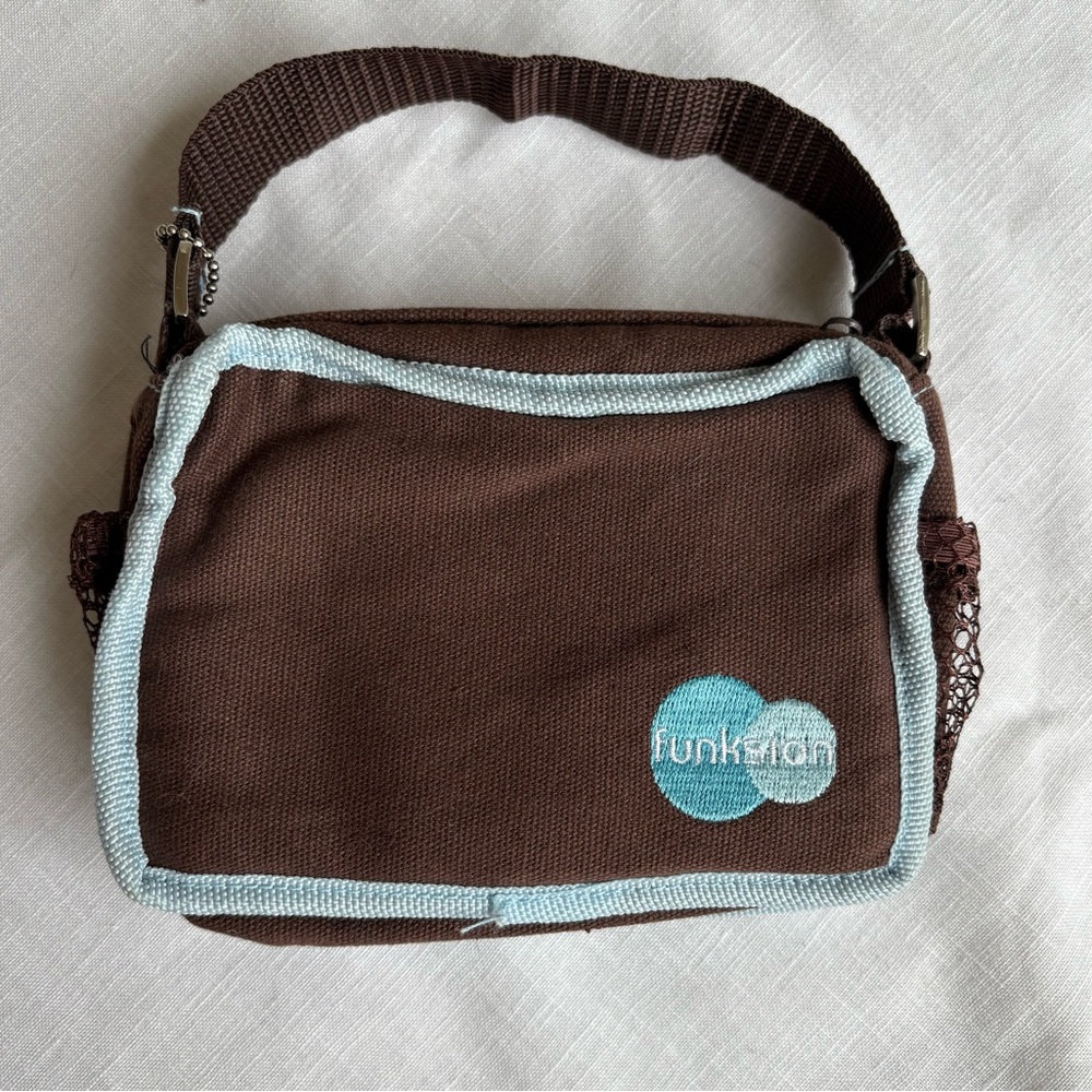 Funksion Y2K Brown & Blue Mini Zipper Camera Bag Pouch with Strap & Pockets